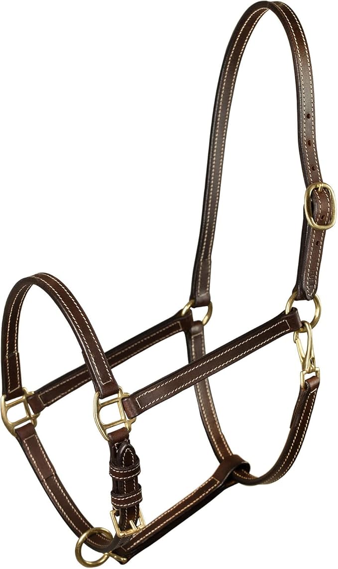 HORZE Fremont Soft Synthetic Leather Horse Halter | Fully Adjustable with Brass Hardware & Contrast Stitching - Brown - Pony