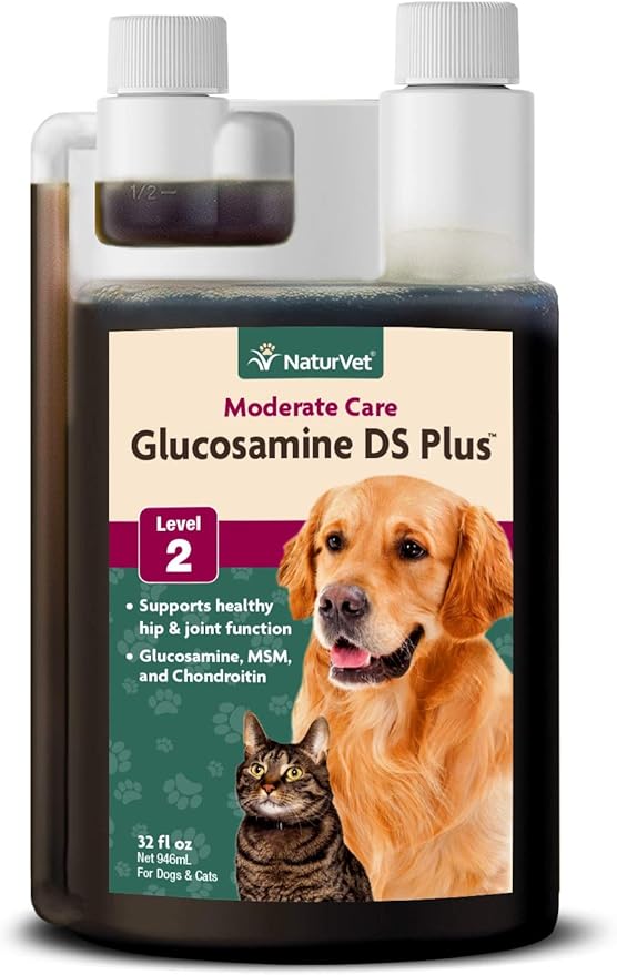 NaturVet Glucosamine DS Plus Hip & Joint Support Liquid Pet Supplement – Level 2 Moderate Care for Dogs & Cats – Includes Glucosamine, MSM, Chondroitin – 32 Oz