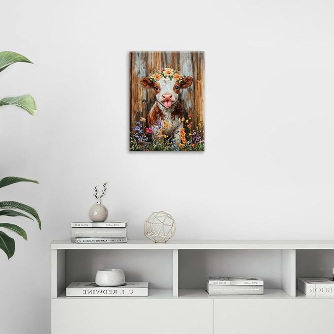 Funny Cow Bathroom Pictures Wall Art, Rustic Brown Cute Cow Bathroom Wall Decor, Farmhouse Floral Framed Painting Animal Flower Canvas Artwork for Bedroom Living Room Decorations 16"L x 12"W