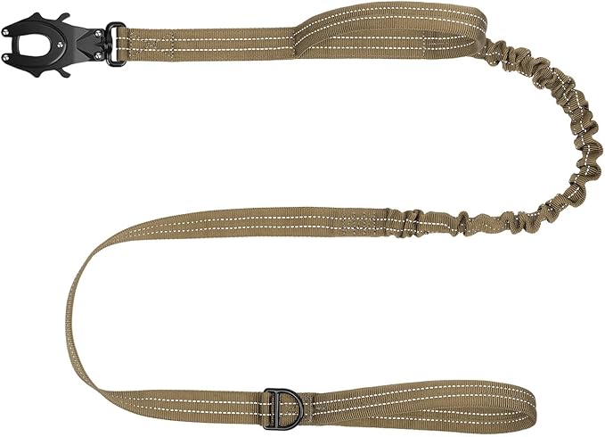 ICEFANG Tactical Dog Leash,K9 Training Walking Bungee Lead with 2 Control Handle,Heavy Duty Quick Release Metal Clasp,Hands Free D-Ring for Medium Large Dogs (4ft,Reflective Brown)