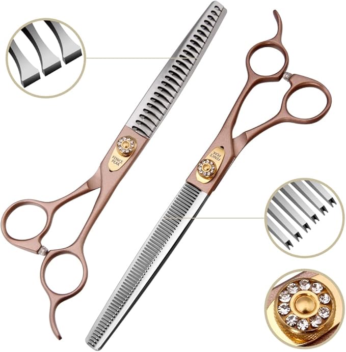 Fenice Peak 8‘’ Professional Dog Grooming Scissors Set Rose Gold 440C Stainless Steel Straight Thinning Curved Chunker Shears 4pcs Set for Pet Grooming Services Dogs and Cats