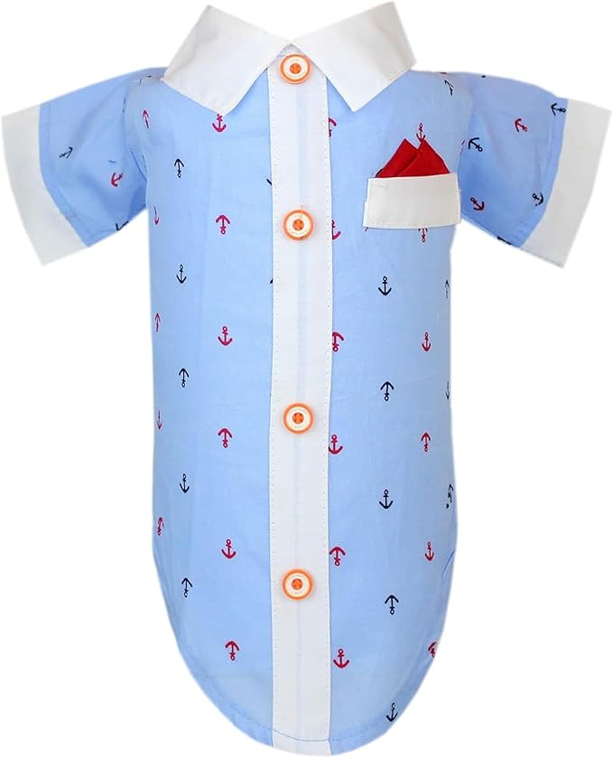 Parisian Pet Nautical Dog Shirt - 100% Cotton Anchor Clothes - Bleach and White - Sleeved - Medium