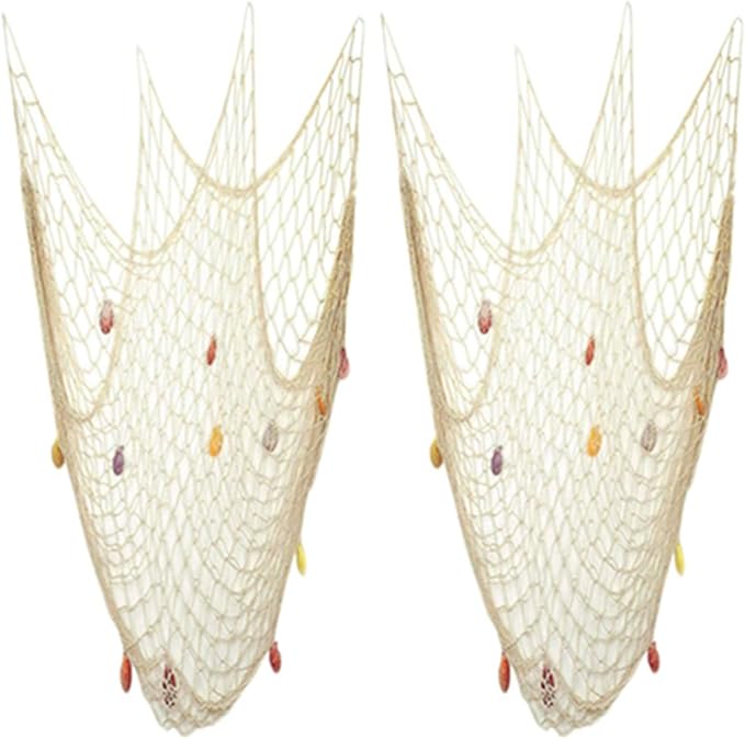Nature Fish Net Wall Decoration with Shells, Ocean Themed Wall Hangings Fishing Net Party Decor for Pirate Party,Wedding,Photographing Decoration (Fishnet-2pack-Beige)