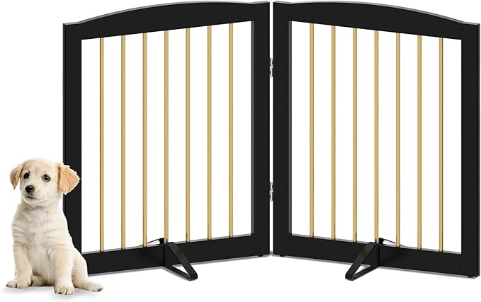 Freestanding Pet Gate for Dogs, Foldable Wooden Dog Gate for House, Stairs, Doorways, Step Over Pet Puppy Safety Fence,Support Feet Included,24" Height 2 Panels, Black&Gold