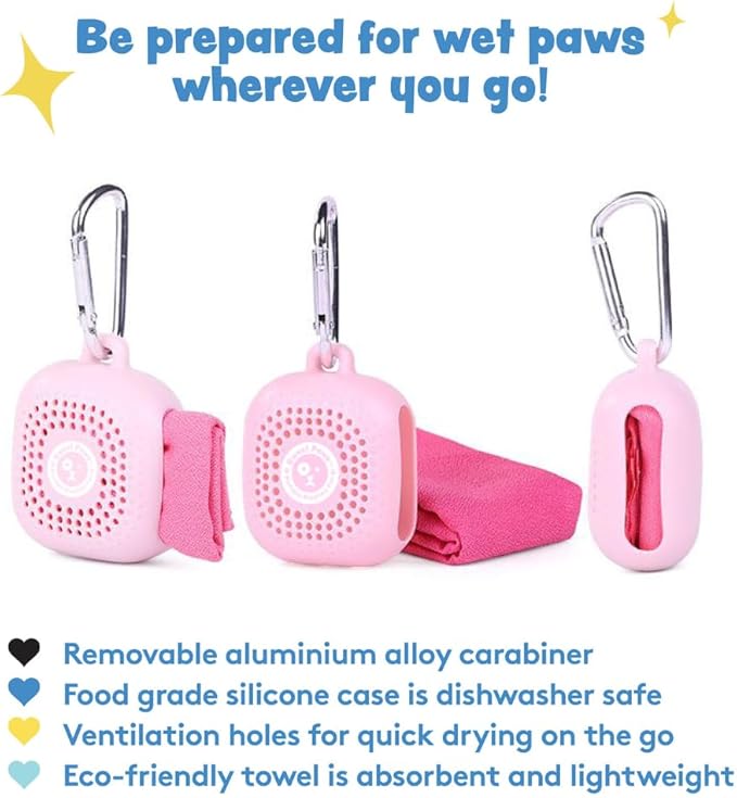 Sweet Paws Portable Dog Paw Towel, Lightweight & Super Absorbent Microfiber, Clips onto Leash, Quick Drying Towel for Dogs Paws with Silicone Case, Dry Dog’s Paws on The Go - Small - 3 Pieces Set