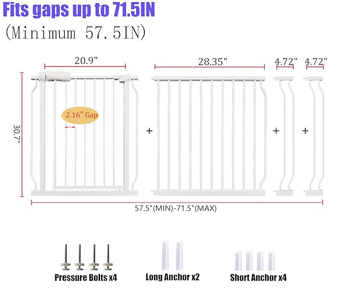 Extra Wide 67-71.5 Inch Baby Gates for Stairs, Doorways - No Drilling, Pressure Mounted Pet Gates for Kids and Dogs