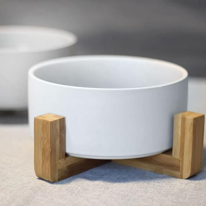 Petygooing Dog Bowls,White Ceramic Cat Dog Bowl Set with Wood Stand for Food and Water Feeder, Modern Pet Dish Set for Cats and Small Size Dogs Puppy (13.5OZ/5.1 in)