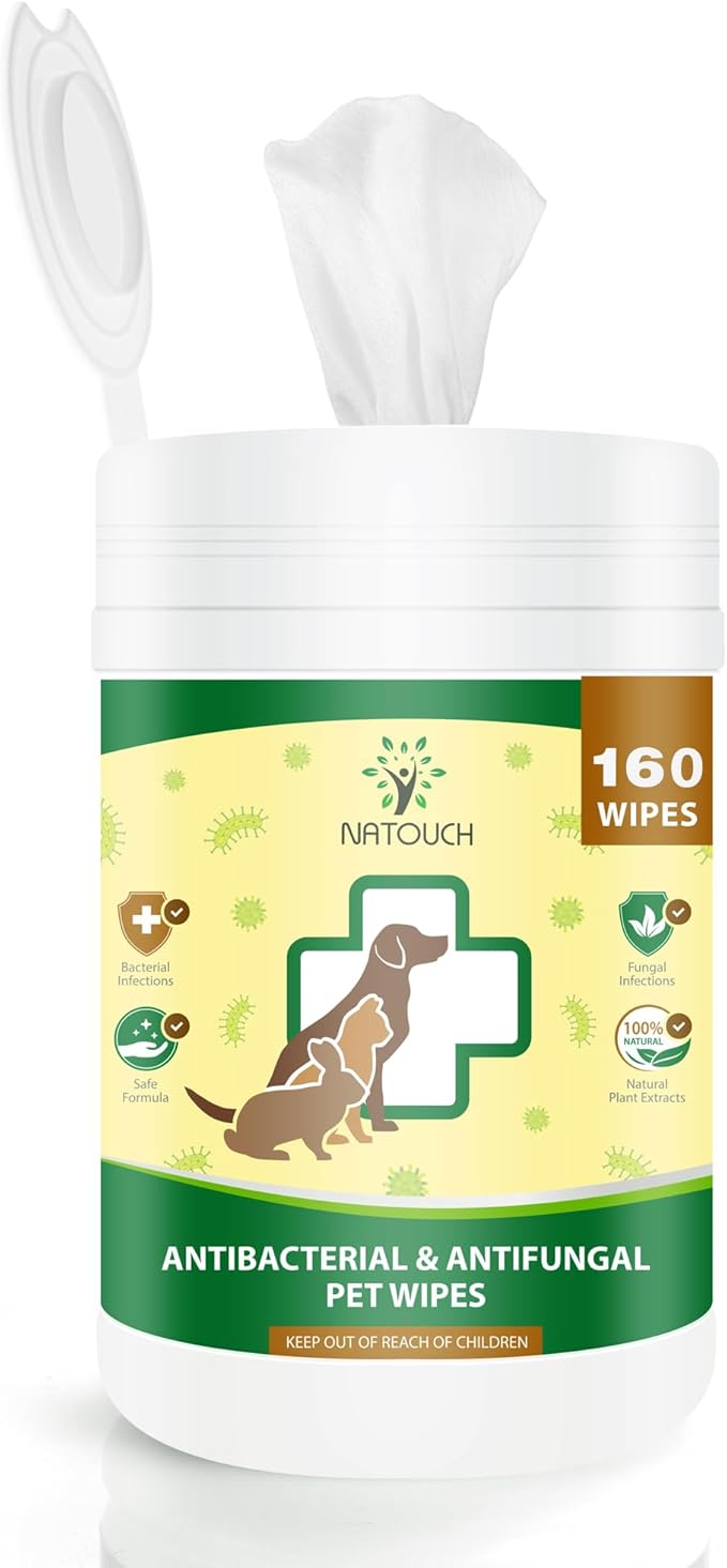Antifungal and Antibacterial Wipes for Dogs & Cats, Dog Yeast Infection Treatment Wipes, All Natural Grooming Wipes for Cleaning, Help with Hot Spots, Ringworm, and Skin Infections, 160 Count