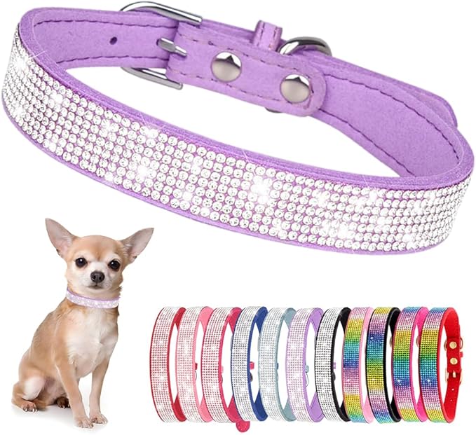 Rhinestone Dog Collar for Small Dogs, Bling Diamond Fancy Crystal Glitter Pretty Jewel Pet Puppy Collars for XXS XS Small Medium Large Breed Girl Dogs Female Cats Kitten, Purple M
