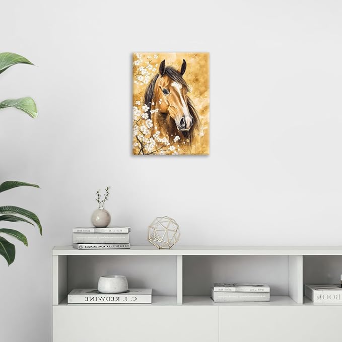 Horse Wall Art Canvas Rustic Horse Wall Decor Prints Framed Painting Farmhouse Flower Pictures Gifts Artwork for Bathroom Living Dining 12"x16"