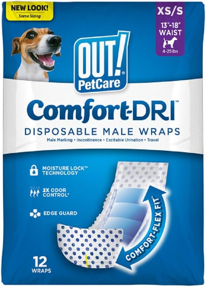 Out! PetCare Disposable Dog Diapers Male, Puppy Belly Band, Potty Training, Doggie Diapers, Belly Bands for Male Dogs, Puppy Training, Incontinence, (XS/S, 12ct)