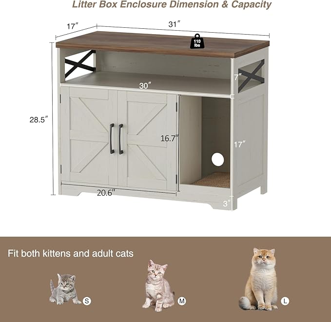 Cat Litter Box Enclosure, Hidden Litter Box Furniture with Scratch Pad, Farmhouse Indoor Cat House Washroom End Table, White