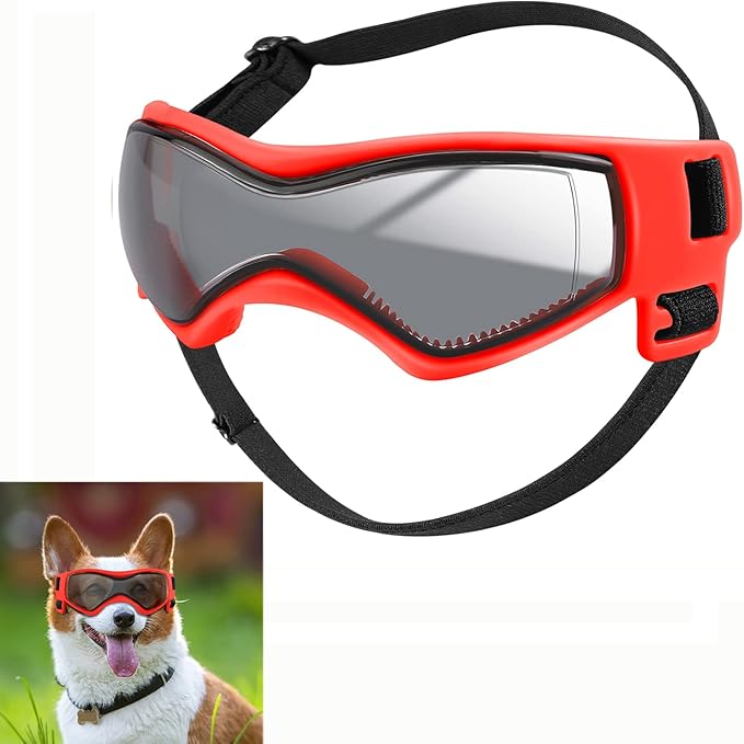 QUMY Dog Goggles UV Protection for Small to Medium Breed, Dog Sunglasses Windproof Anti-Fog Dustproof Snowproof, Puppy Glasses for Outdoor Riding Driving with Comfortable Frame Adjustable Straps