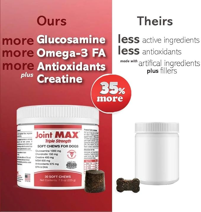 PHS Joint MAX Triple Strength (TS) Soft Chews for Dogs - Glucosamine, Chondroitin, MSM, Turmeric, Omega 3 - Hip and Joint Pain Relief and Support for Dogs - Made in USA - 30 Soft Chews