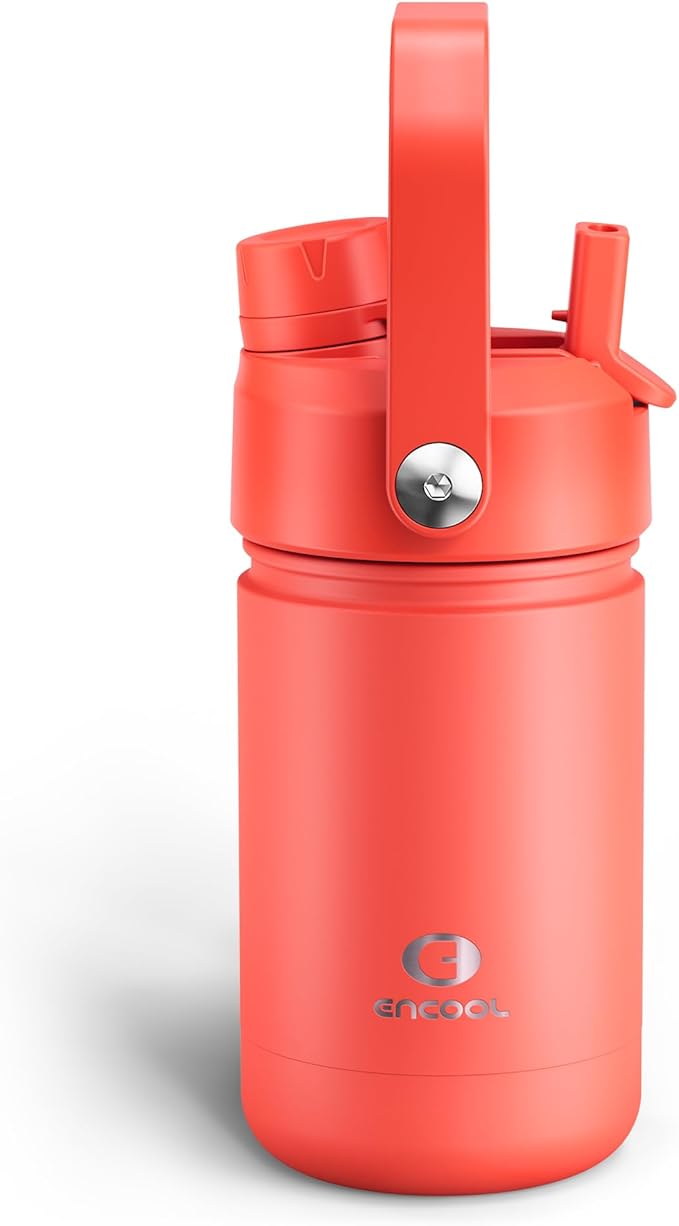 Kids Insualated Water Bottle with Straw - 12oz Stainless Steel Water Bottle with Dual Spouts, Leak-Proof, BPA-Free, Double Wall Vacuum Keeps Cold for 24 Hours for Sports, Travel, School (Tawny Orange)