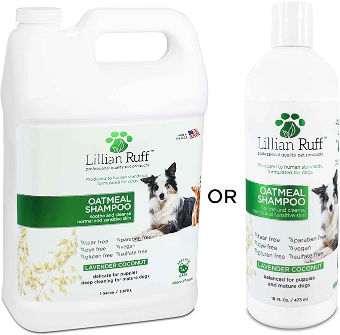 Lillian Ruff Calming Oatmeal Pet Shampoo for Dry Skin & Itch Relief with Aloe & Hydrating Essential Oils - Replenish Moisture & Deodorize - Tearless Dog Shampoo for Normal/Sensitive Skin (Gallon)
