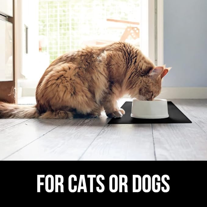 GORILLA GRIP 100% Waterproof Raised Edge BPA Free Silicone Pet Feeding Mat, Dog Cat Food Mats Contain Spills Protects Floors, Placemats for Cats and Dogs Water Bowl, Pets Accessories 16x10, Black