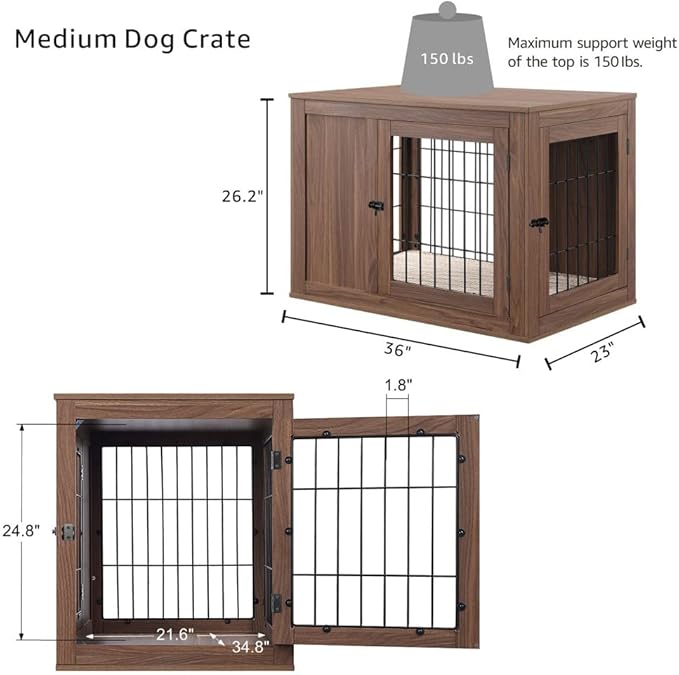 unipaws 36 Inch Furniture Style Dog Crate End Table with Cushion, Wooden Wire Pet Kennels with Double Doors, Medium Dog House Indoor Use (Walnut, Medium)