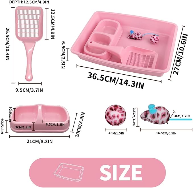 PAWISE Cat Litter Box Set, Small Kitten Starter Kit, Includes Litter Box, Litter Scoop, Double Dish Feeding Bowl, Cat Mouse Toy, Kitty Ball Toy, Pink