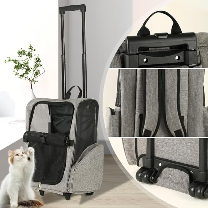 Pet Trolley Bag Cat Dog Travel Bag Portable & Breathable Pet Carrier Backpack - Lightweight Dual-Shoulder Design for Easy Travel with Your Beloved Companion Scalable Pull Rod pet Bag (Grey)