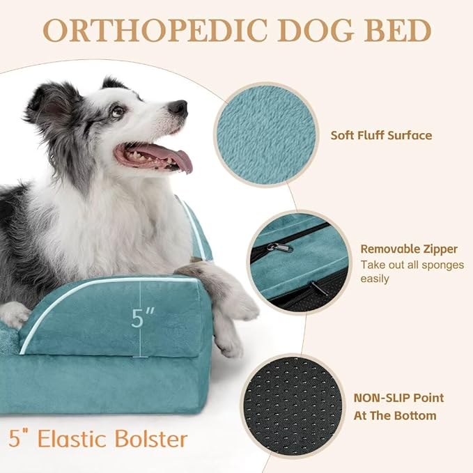 Comfort Expression Orthopedic Foam XL Dog Beds Waterproof, Extra Large Dog Bed with Bolster, Washable Pet Sofa Couch with Removable Cover & Non-Slip Bottom(X-Large,Washed Blue)