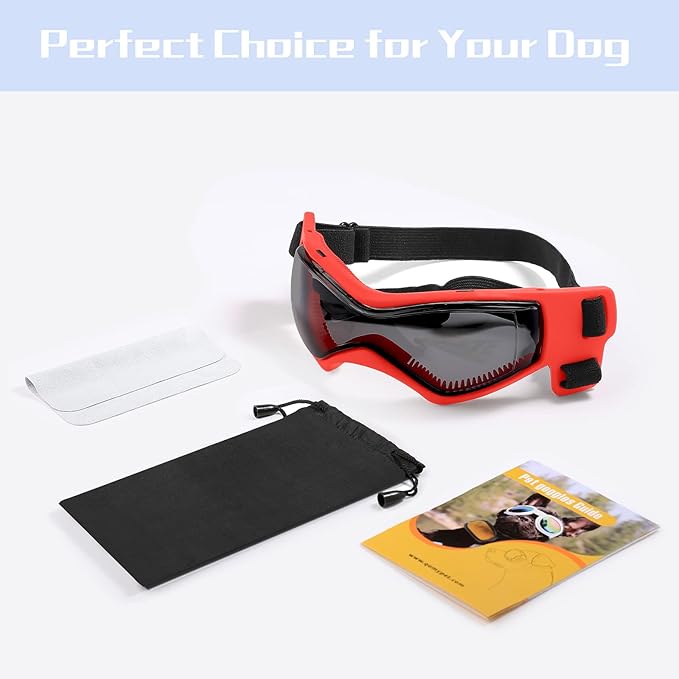 QUMY Dog Goggles UV Protection for Small to Medium Breed, Dog Sunglasses Windproof Anti-Fog Dustproof Snowproof, Puppy Glasses for Outdoor Riding Driving with Comfortable Frame Adjustable Straps