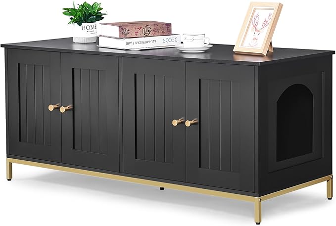 Homhedy Cat Litter Box Enclosure for 2 Cats, Cat Washroom Furniture with Double Room, Pet House with Metal Frame, 47.2”L x 17.7”W x 21.7”H, Black and Gold