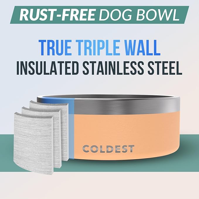 Coldest Dog Bowl - Anti Rust Metal, Non Slip, 3 Layers Insulated Stainless Steel Dog Bowls - Spill Proof & Heavy Duty - Water Bowl for Dogs, Cats & Pets, Dish Washer Safe (64 oz, Sahara Peach)