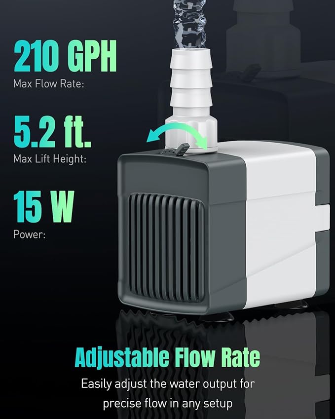 Pawfly 210 GPH Fountain Pump, 15 W Submersible Water Pump with 5.2 ft. High Lift and 4 Nozzles, Quiet Water Fountain Pump for Aquarium Fish Tank Waterfall Pond & Hydroponics