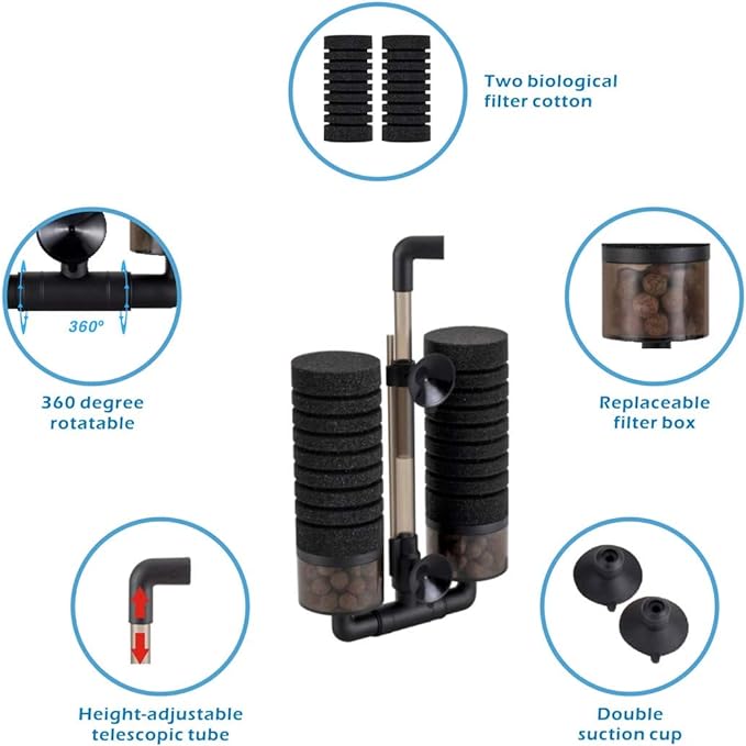 hygger Sponge Filter, Aquarium Filter Double Sponge Replaceable Media with 4 Biochemical Sponges and 1 Bag of Filtered Ceramic Balls Ultra Quiet Filter Fish Tank (S/M) (M for 15 to 55 Gallon Tank)
