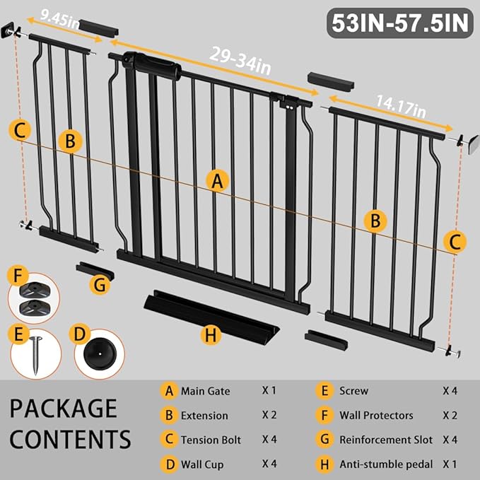 Fairy Baby Extra Wide Baby Gate Black 53-57.5 Inch Wide, Walk Through Pressure Mounted No Drill, Long and Large Tension Gate for Pet and Kids