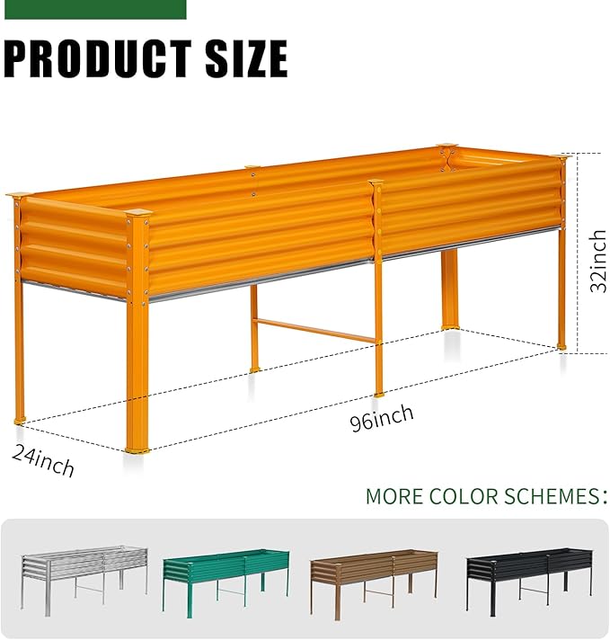 Land Guard Galvanized Raised Garden Bed with Legs, 96×24×32in Raised Garden Beds Outdoor with Drainage Holes, Planter Boxes Outdoor for Backyard, Patio, Balcony, 800lb Capacity, Cream Yellow