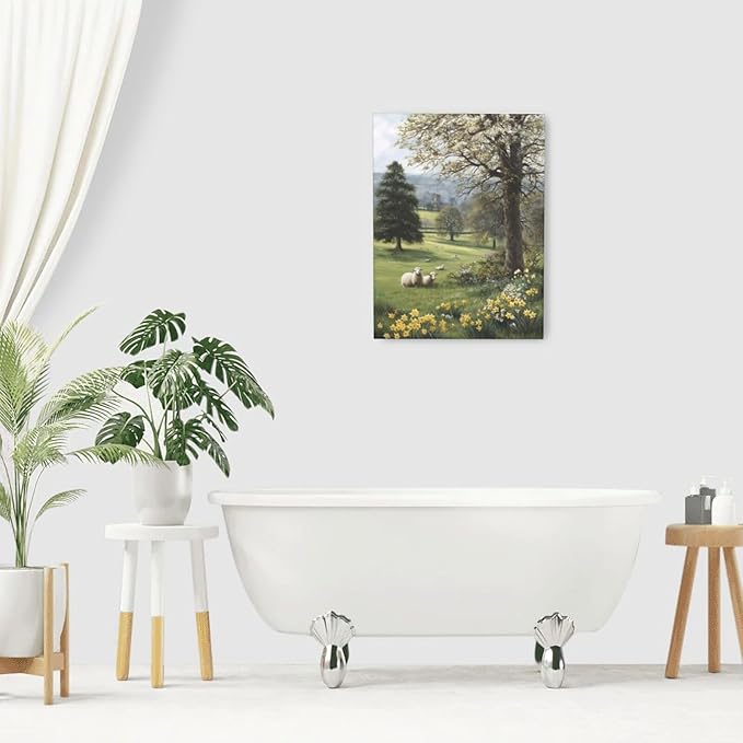 Country Sheep Canvas Wall Decor Farmhouse Rustic Lamb Wildflower Wall Art Nature Countryside Landscape Pictures Painting Print Framed Artwork Decorations for Bathroom Living Room Bedroom 12"x16"