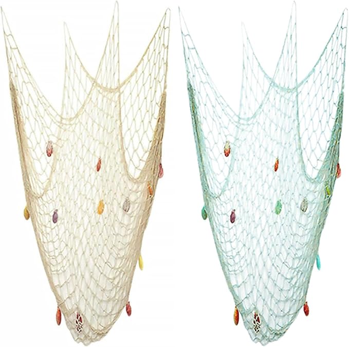 Nature Fish Net Wall Decoration with Shells, Ocean Themed Wall Hangings Fishing Net Party Decor for Pirate Party,Wedding,Photographing Decoration (2pack-Beige/Aqua)