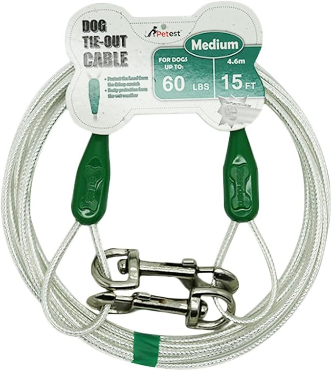 Petest 15ft Reflective Tie-Out Cable for Medium Dogs Up to 60 Pounds DarkGreen & Silver