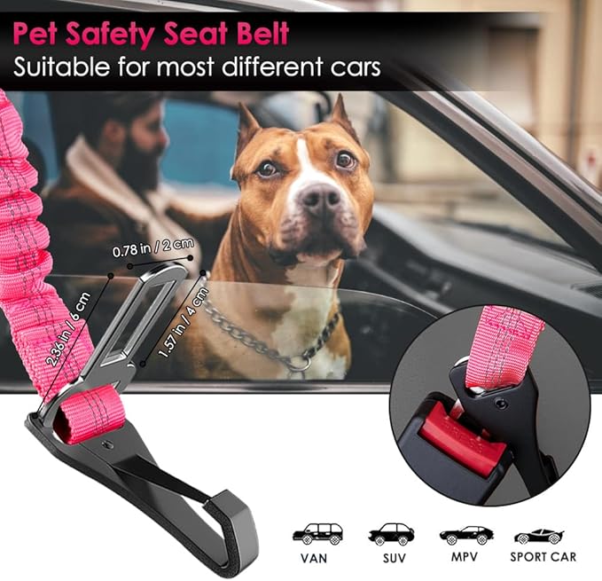SlowTon 2 Pack Dog Seat Belt, 2 in 1 Attachment, Hook Latch Bar or Seatbelt Buckle with Elastic Nylon Bungee Buffer Adjustable Reflective Nylon Safety Belt Tether Connect to Dog Harness (2pack-FL)