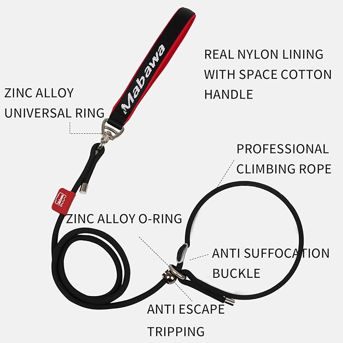 Dog Anti-Slip Leash 5FT with Metal Stopper - Durable No-Pull Training Lead for Small, Medium & Large Dogs - Comfortable Handle Nylon Rope, Tangle-Free Pet Walking Leash (Black, 5.6FT)