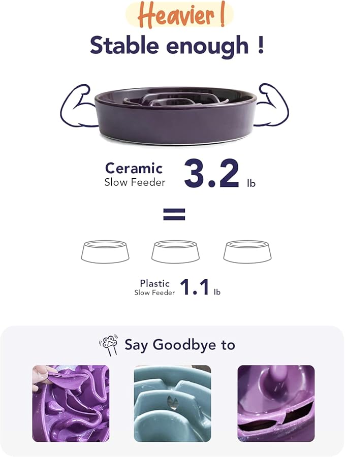 LE TAUCI Ceramic Slow Feed Dog Bowls, Elevated for Small and Medium Breed Dogs, Anti-Gulping Pet Feeding Dishes, Maze Purple, 1.5 Cups