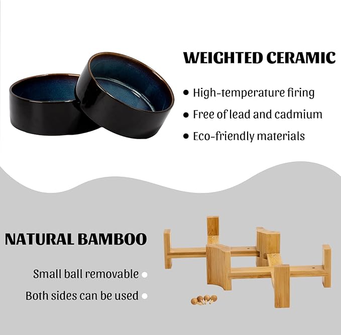 SPUNKYJUNKY 15° Slanted Ceramic Dog and Cat Bowl with Wooden Stand, Tilted Bulldog Food and Water Bowl No Slip Non-Spill for Cats Medium Dogs Big Face Pets 28.7 OZ (3.6 Cups, Starry Blue × 2)