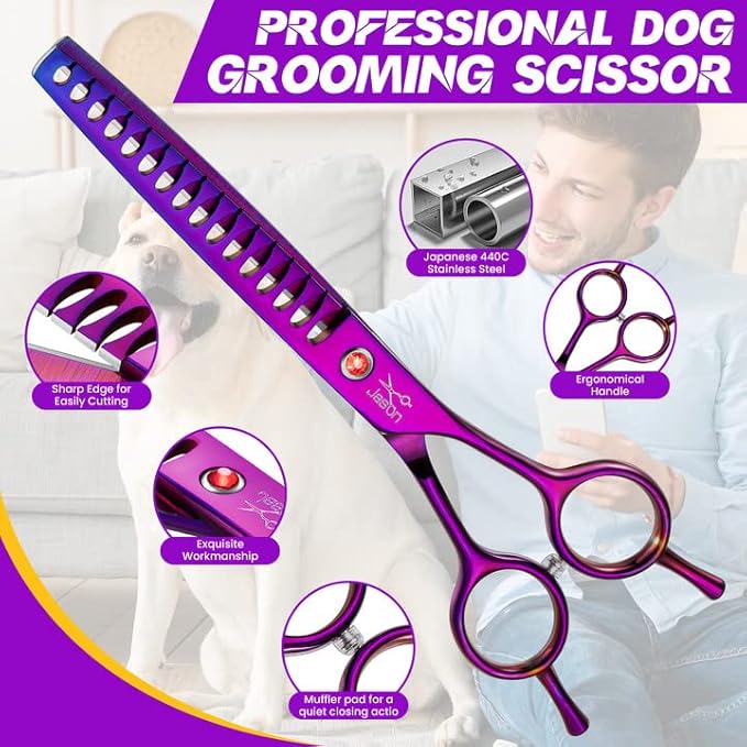 JASON 7.5" Dog Grooming Scissor - Professional Chunker Shear with Ergonomic Handle Japanese Stainless Steel Hair Scissor for Dogs, Cats and Other Pets, Sharp (Chunker, Purple)