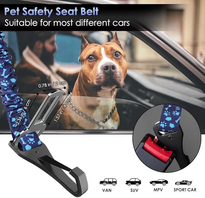 SlowTon Dog Seat Belt, Adjustable Dog Safety Belt Leash, 2 in 1 Latch Bar Attachment Dogs Car Seatbelt with Elastic Nylon Bungee Buffer, Reflective Nylon Belt Tether (BL,35.5in)