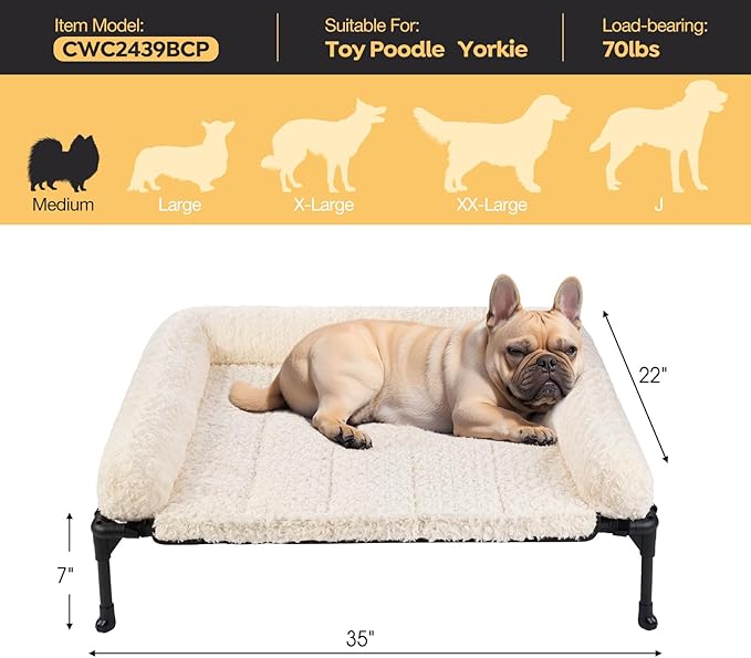 Veehoo Cooling Elevated Dog Bed Add Removable Deluxe Rose Plush Bolster Cushion Mat, 35" x 22" Washable Dog Couch Bed, Raised Pet Cot with Breathable Teslin Mesh, No-Slip Feet, White, CWC2439B