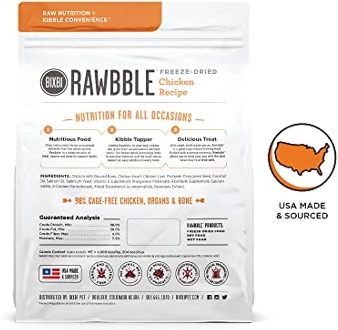 BIXBI Rawbble Freeze Dried Dog Food, Chicken Recipe, 26 oz - 98% Meat and Organs, No Fillers - Pantry-Friendly Raw Dog Food for Meal, Treat or Food Topper - USA Made in Small Batches