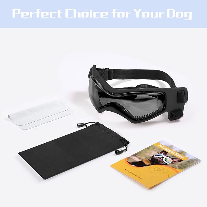 QUMY Dog Goggles UV Protection for Small to Medium Breed, Dog Sunglasses Windproof Anti-Fog Dustproof Snowproof, Puppy Glasses for Outdoor Riding Driving with Comfortable Frame Adjustable Straps