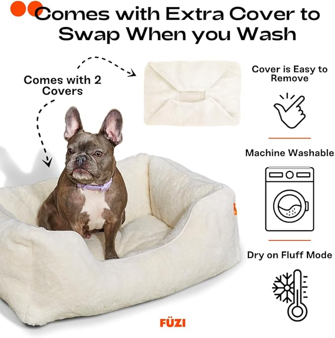 FUZI Luxury Aesthetic Dog Bed with Extra Cover for Small Dogs, Washable Pet Couch, Pet Bed with Sides, Non-Slip Bottom, Soft & Durable Calming Dog Bed, Faux Rabbit Fur, Small 25.1x16.75x9.5 Soft White