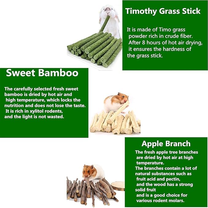 150g 3 Types of Combined Chew Toys Molar Sticks Sweet Bamboo Apple Branch Timothy Grass for Pets Chinchilla Squirrel Gerbil Hamster Squirrel Guinea Pigs