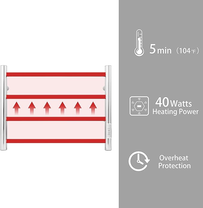 KEG Towel Warmer Wall Mounted with Built-in Timer 4 Bars Electric Stainless Steel Heated Towel Racks for Bathroom, Hot Plug-in Bath Towel Heater Polish Chrome