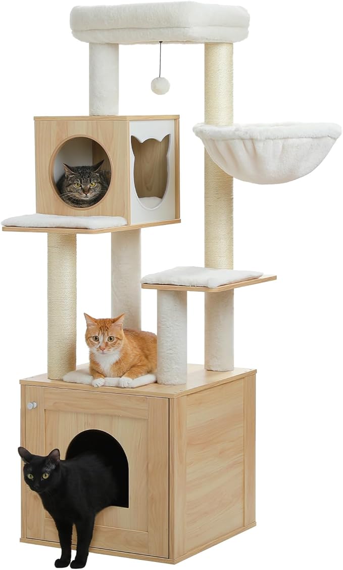 PEQULTI 57.5" Cat Tree with Litter Box Enclosure Large, Wood Cat Tower for Indoor Cats with Storage Cabinet and Cozy Cat Condo, Sisal Covered Scratching Post and Repalcable Dangling Balls, Beige