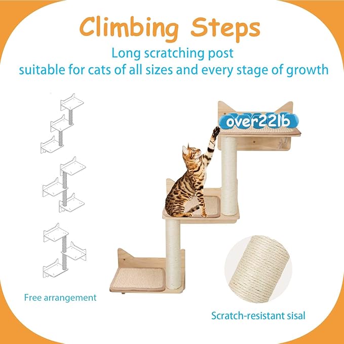 9-Piece Cat Wall Shelves and Perches for Wall, House, Lookout Tower, 2 Sisal Scratching Posts, 5-Step Wall Ladder, 7 Sisal Mat, Ideal Shelves for Wall - Sturdy Cat Wall Shelves for Large Cats