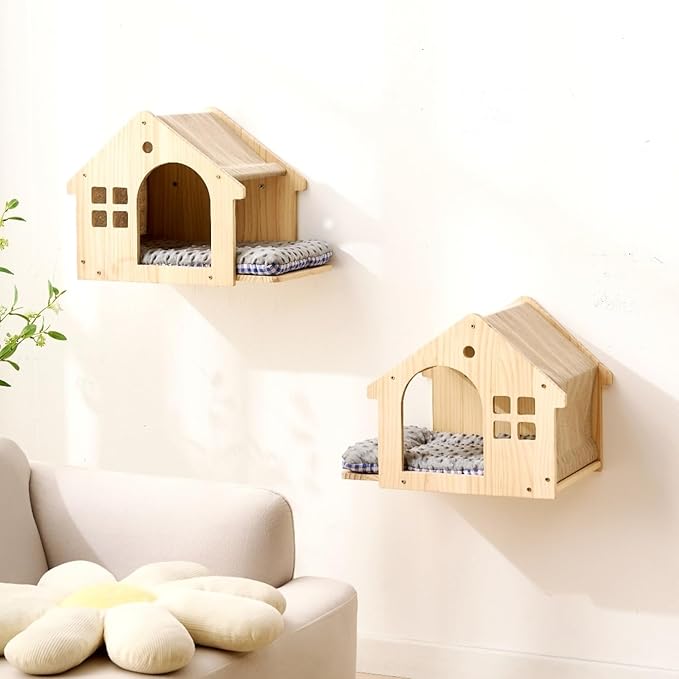 SHENGOCASE Natural Wood Cat Wall Shelves Bed, 2-Pack, Wall-Mounted Box House Perch, Cat Condo Furniture with Washable Pillow Cushions